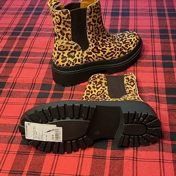 NWOT Lucky Brand Women Emali Tan Black Leopard Calf Hair Lug Sole Combat Boots - Picture 7 of 12